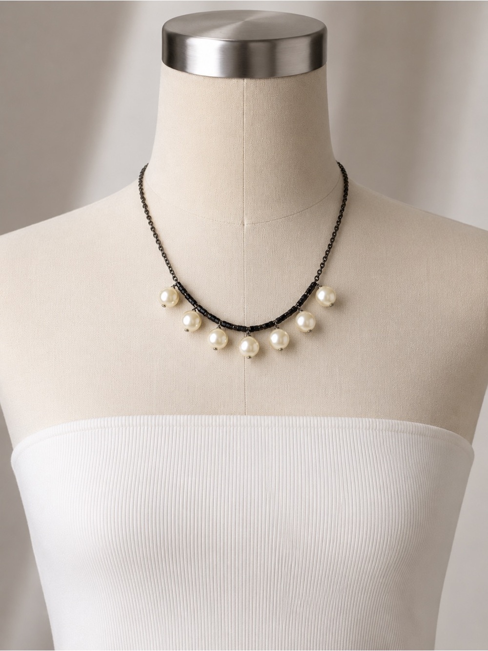 Black Chain Faux Pearl Statement Necklace Vintage Inspired